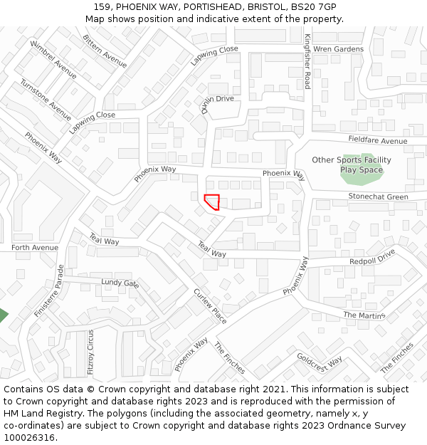 159, PHOENIX WAY, PORTISHEAD, BRISTOL, BS20 7GP: Location map and indicative extent of plot