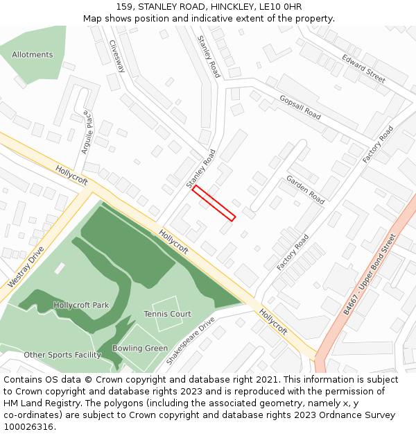 159, STANLEY ROAD, HINCKLEY, LE10 0HR: Location map and indicative extent of plot