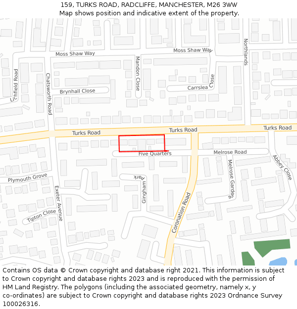 159, TURKS ROAD, RADCLIFFE, MANCHESTER, M26 3WW: Location map and indicative extent of plot