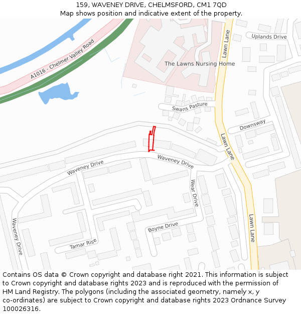 159, WAVENEY DRIVE, CHELMSFORD, CM1 7QD: Location map and indicative extent of plot