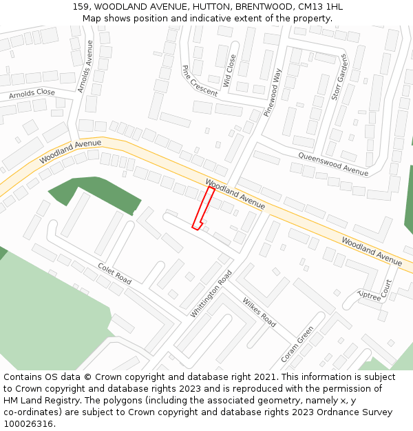 159, WOODLAND AVENUE, HUTTON, BRENTWOOD, CM13 1HL: Location map and indicative extent of plot