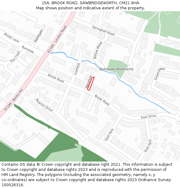 15A, BROOK ROAD, SAWBRIDGEWORTH, CM21 9HA: Location map and indicative extent of plot