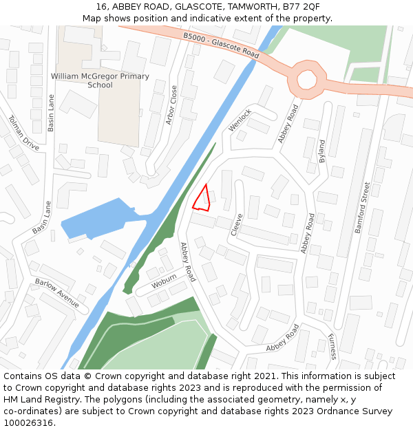 16, ABBEY ROAD, GLASCOTE, TAMWORTH, B77 2QF: Location map and indicative extent of plot