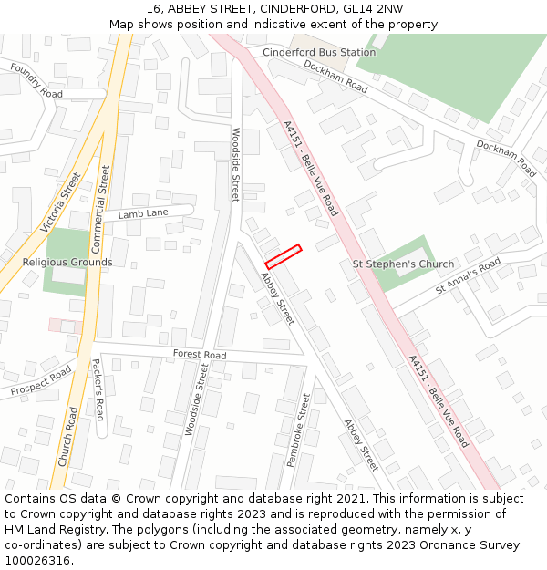 16, ABBEY STREET, CINDERFORD, GL14 2NW: Location map and indicative extent of plot