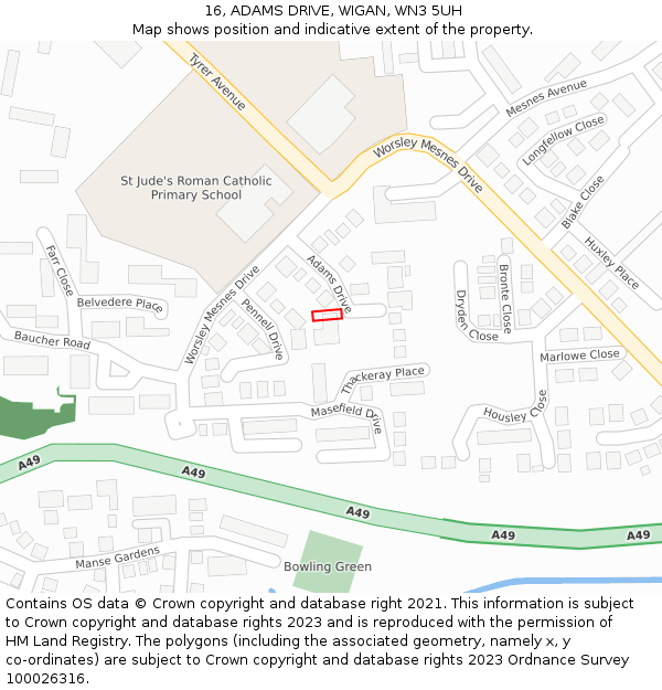 16, ADAMS DRIVE, WIGAN, WN3 5UH: Location map and indicative extent of plot
