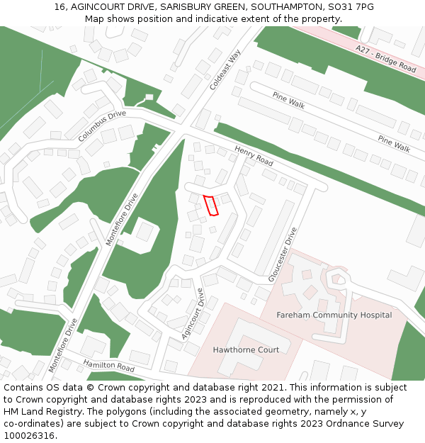 16, AGINCOURT DRIVE, SARISBURY GREEN, SOUTHAMPTON, SO31 7PG: Location map and indicative extent of plot