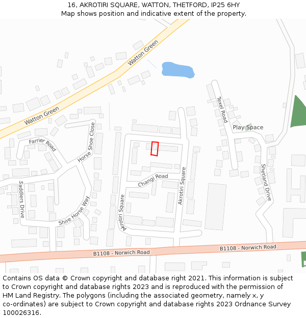 16, AKROTIRI SQUARE, WATTON, THETFORD, IP25 6HY: Location map and indicative extent of plot