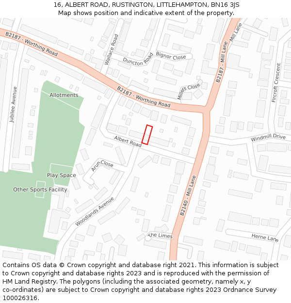 16, ALBERT ROAD, RUSTINGTON, LITTLEHAMPTON, BN16 3JS: Location map and indicative extent of plot