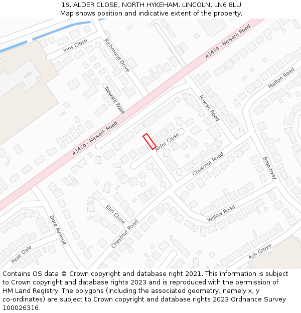16, ALDER CLOSE, NORTH HYKEHAM, LINCOLN, LN6 8LU: Location map and indicative extent of plot