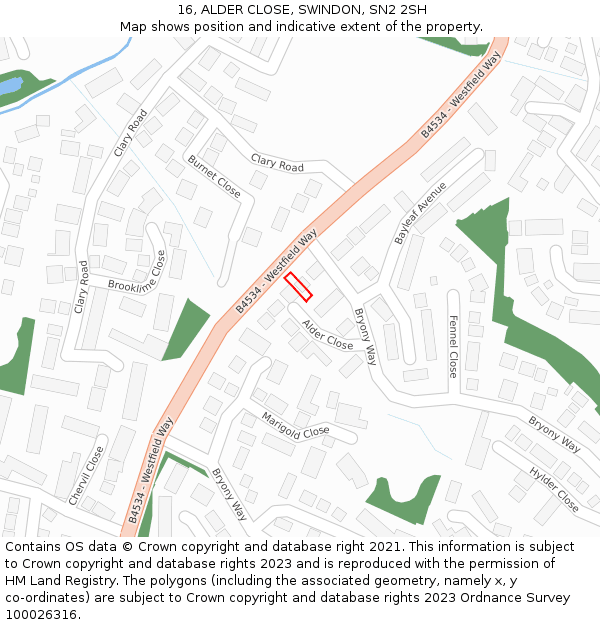 16, ALDER CLOSE, SWINDON, SN2 2SH: Location map and indicative extent of plot