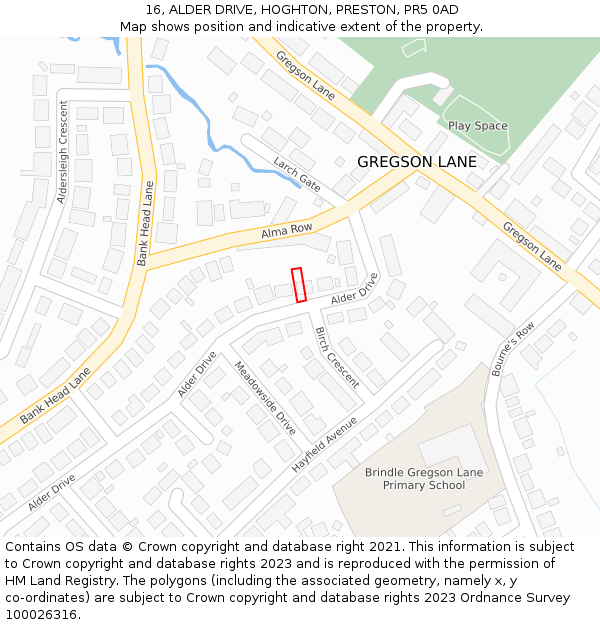 16, ALDER DRIVE, HOGHTON, PRESTON, PR5 0AD: Location map and indicative extent of plot