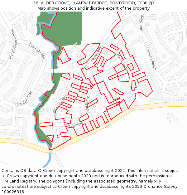 16, ALDER GROVE, LLANTWIT FARDRE, PONTYPRIDD, CF38 2JX: Location map and indicative extent of plot