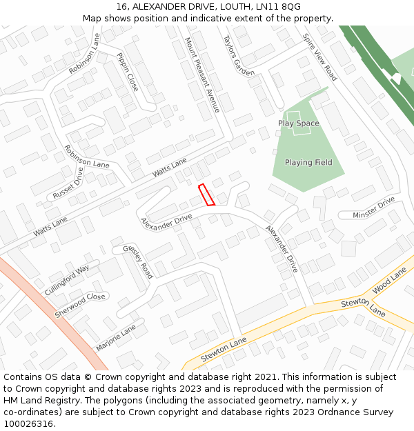 16, ALEXANDER DRIVE, LOUTH, LN11 8QG: Location map and indicative extent of plot