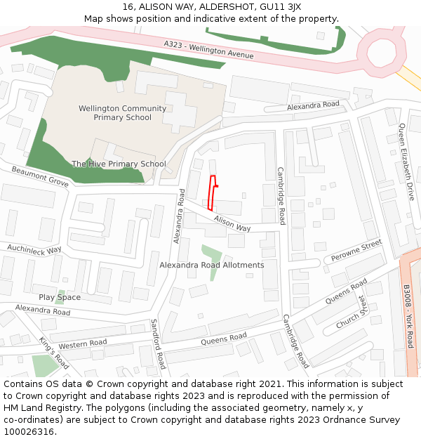 16, ALISON WAY, ALDERSHOT, GU11 3JX: Location map and indicative extent of plot