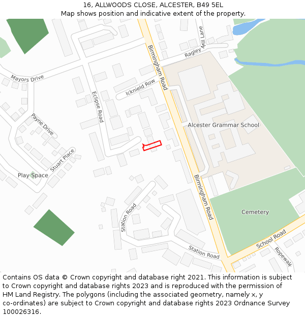 16, ALLWOODS CLOSE, ALCESTER, B49 5EL: Location map and indicative extent of plot