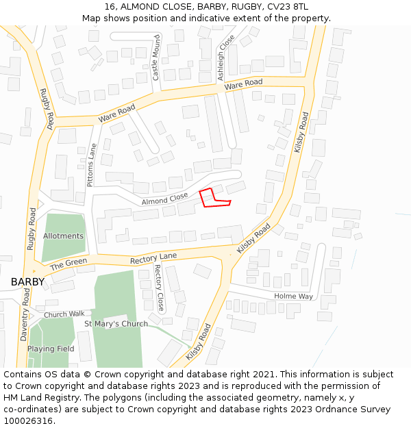 16, ALMOND CLOSE, BARBY, RUGBY, CV23 8TL: Location map and indicative extent of plot