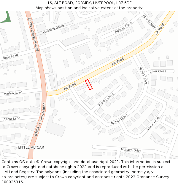 16, ALT ROAD, FORMBY, LIVERPOOL, L37 6DF: Location map and indicative extent of plot