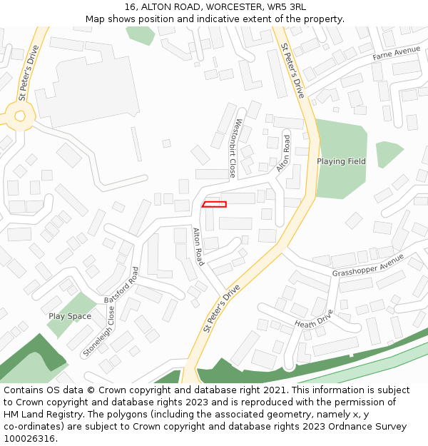 16, ALTON ROAD, WORCESTER, WR5 3RL: Location map and indicative extent of plot