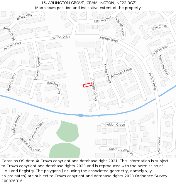 16, ARLINGTON GROVE, CRAMLINGTON, NE23 3GZ: Location map and indicative extent of plot