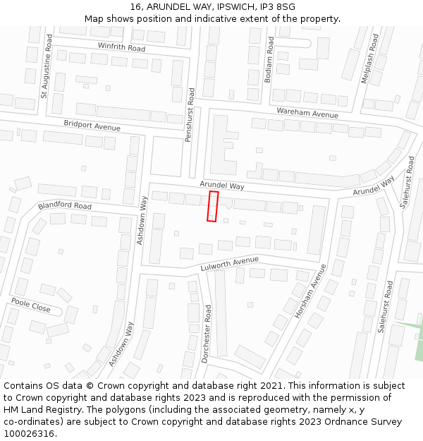 16, ARUNDEL WAY, IPSWICH, IP3 8SG: Location map and indicative extent of plot