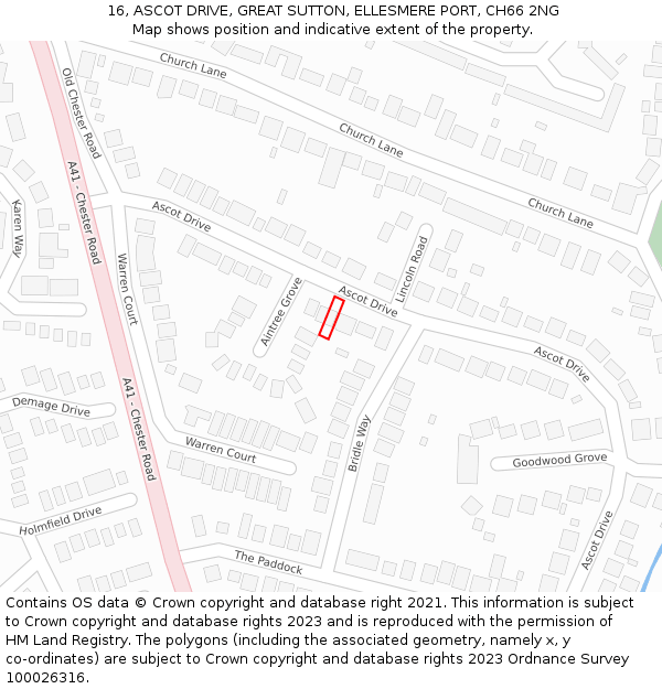 16, ASCOT DRIVE, GREAT SUTTON, ELLESMERE PORT, CH66 2NG: Location map and indicative extent of plot