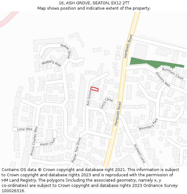 16, ASH GROVE, SEATON, EX12 2TT: Location map and indicative extent of plot