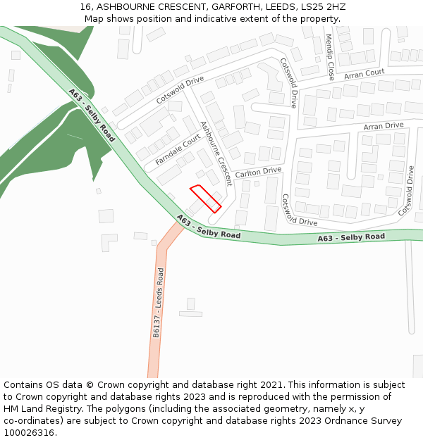 16, ASHBOURNE CRESCENT, GARFORTH, LEEDS, LS25 2HZ: Location map and indicative extent of plot