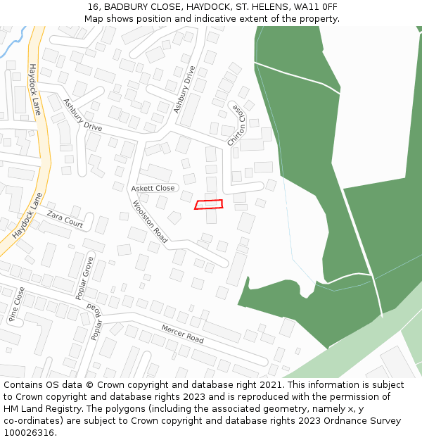 16, BADBURY CLOSE, HAYDOCK, ST. HELENS, WA11 0FF: Location map and indicative extent of plot