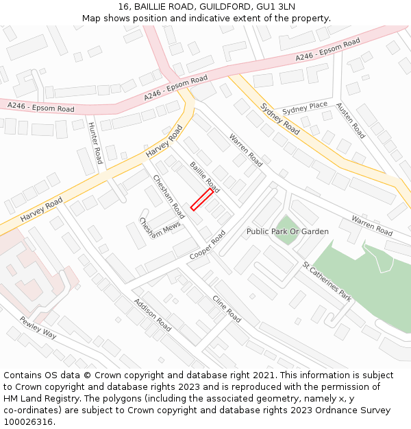 16, BAILLIE ROAD, GUILDFORD, GU1 3LN: Location map and indicative extent of plot