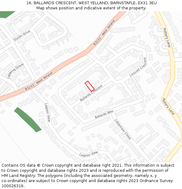 16, BALLARDS CRESCENT, WEST YELLAND, BARNSTAPLE, EX31 3EU: Location map and indicative extent of plot