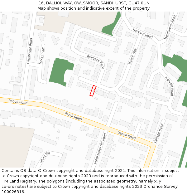 16, BALLIOL WAY, OWLSMOOR, SANDHURST, GU47 0UN: Location map and indicative extent of plot