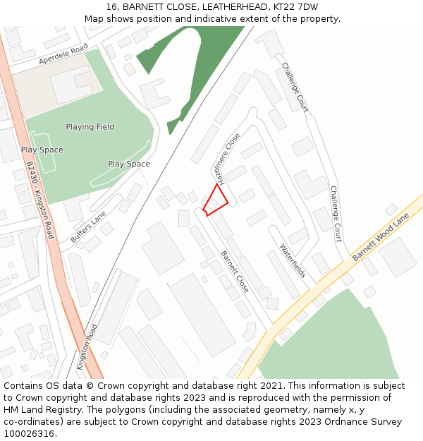 16, BARNETT CLOSE, LEATHERHEAD, KT22 7DW: Location map and indicative extent of plot