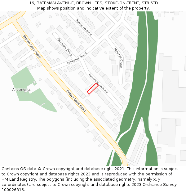 16, BATEMAN AVENUE, BROWN LEES, STOKE-ON-TRENT, ST8 6TD: Location map and indicative extent of plot