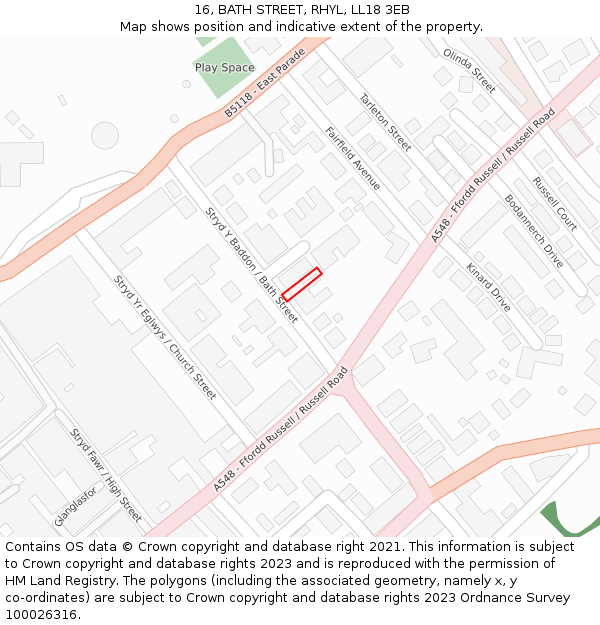 16, BATH STREET, RHYL, LL18 3EB: Location map and indicative extent of plot