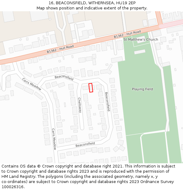 16, BEACONSFIELD, WITHERNSEA, HU19 2EP: Location map and indicative extent of plot