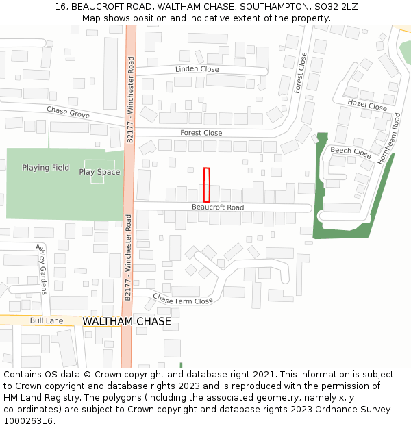 16, BEAUCROFT ROAD, WALTHAM CHASE, SOUTHAMPTON, SO32 2LZ: Location map and indicative extent of plot