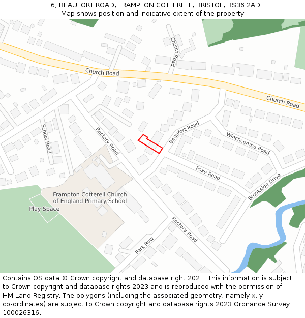 16, BEAUFORT ROAD, FRAMPTON COTTERELL, BRISTOL, BS36 2AD: Location map and indicative extent of plot