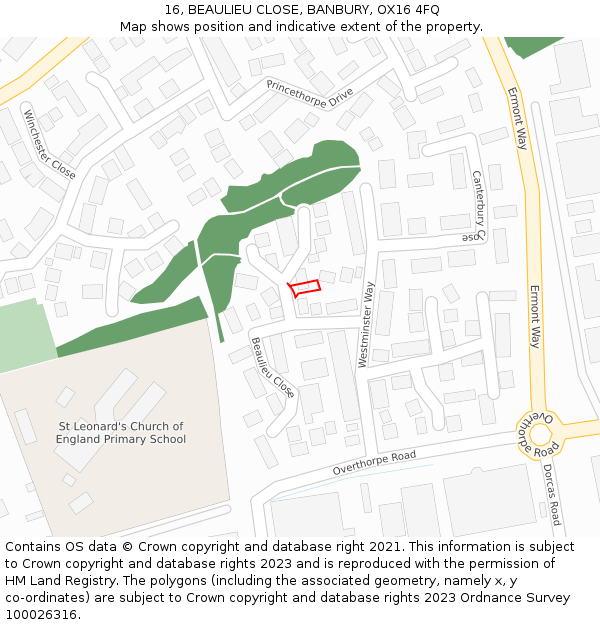 16, BEAULIEU CLOSE, BANBURY, OX16 4FQ: Location map and indicative extent of plot