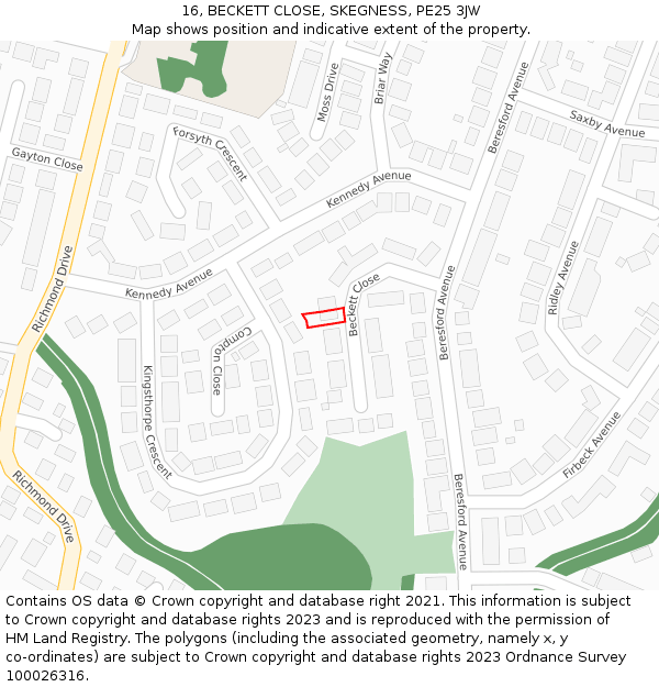 16, BECKETT CLOSE, SKEGNESS, PE25 3JW: Location map and indicative extent of plot