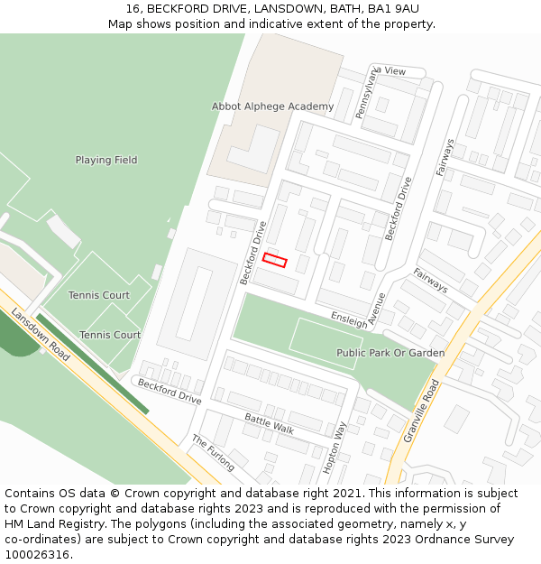 16, BECKFORD DRIVE, LANSDOWN, BATH, BA1 9AU: Location map and indicative extent of plot