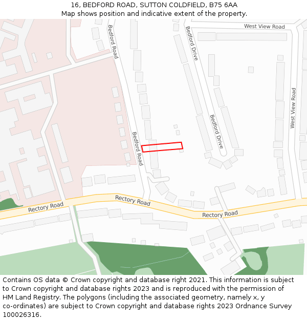 16, BEDFORD ROAD, SUTTON COLDFIELD, B75 6AA: Location map and indicative extent of plot