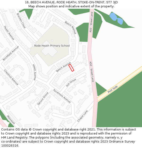 16, BEECH AVENUE, RODE HEATH, STOKE-ON-TRENT, ST7 3JD: Location map and indicative extent of plot