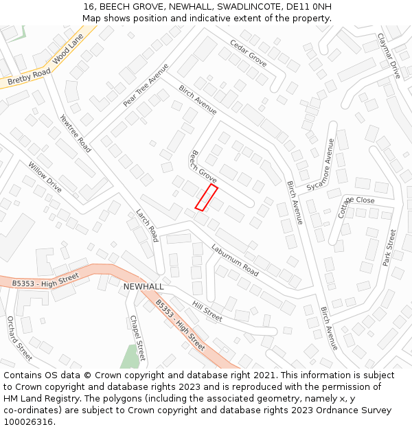 16, BEECH GROVE, NEWHALL, SWADLINCOTE, DE11 0NH: Location map and indicative extent of plot