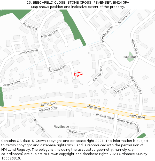 16, BEECHFIELD CLOSE, STONE CROSS, PEVENSEY, BN24 5FH: Location map and indicative extent of plot