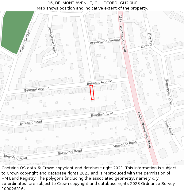 16, BELMONT AVENUE, GUILDFORD, GU2 9UF: Location map and indicative extent of plot