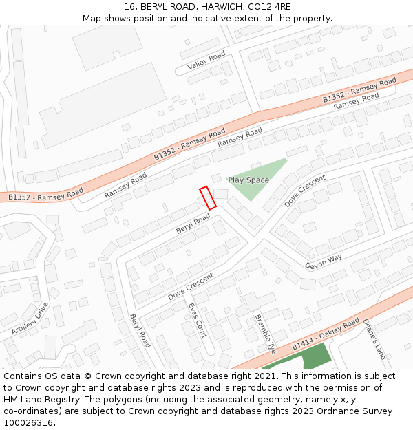 16, BERYL ROAD, HARWICH, CO12 4RE: Location map and indicative extent of plot