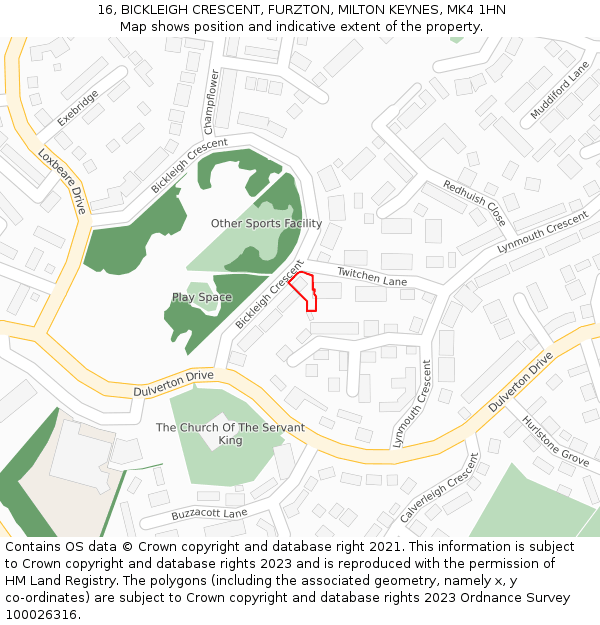 16, BICKLEIGH CRESCENT, FURZTON, MILTON KEYNES, MK4 1HN: Location map and indicative extent of plot