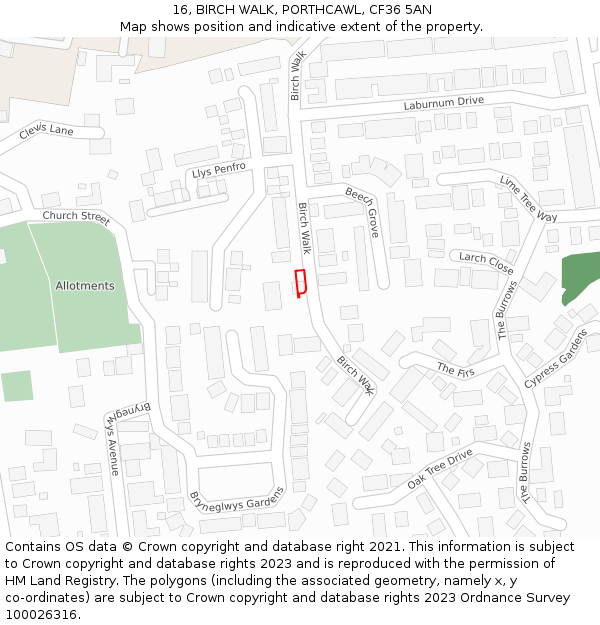 16, BIRCH WALK, PORTHCAWL, CF36 5AN: Location map and indicative extent of plot