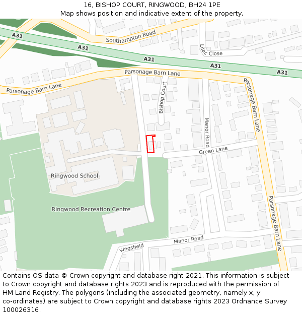 16, BISHOP COURT, RINGWOOD, BH24 1PE: Location map and indicative extent of plot