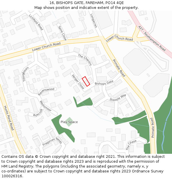 16, BISHOPS GATE, FAREHAM, PO14 4QE: Location map and indicative extent of plot